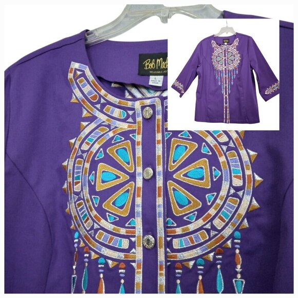 Bob Mackie | Santa Fe Dreams Embroidered Jacket 3/4 Sleeves Purple | Size L - Picture 1 of 7
